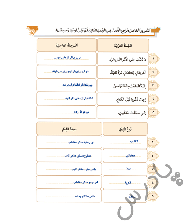 پاسخ تمرین 5 درس 3 عربی یازدهم انسانی